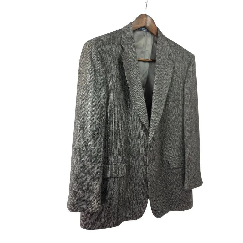 Towncraft Y2K Classic 2-Btn Blazer Men Sz 44R Gray Herringbone Notch Lapel 3.75